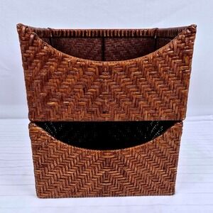 Set of 2 Woven Wicker Storage Baskets Brown Chevron Sloped Farmhouse Organizer